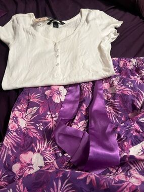 Victoria's Secret White Ribbed Top with Purple Floral Satin Pajama Pants